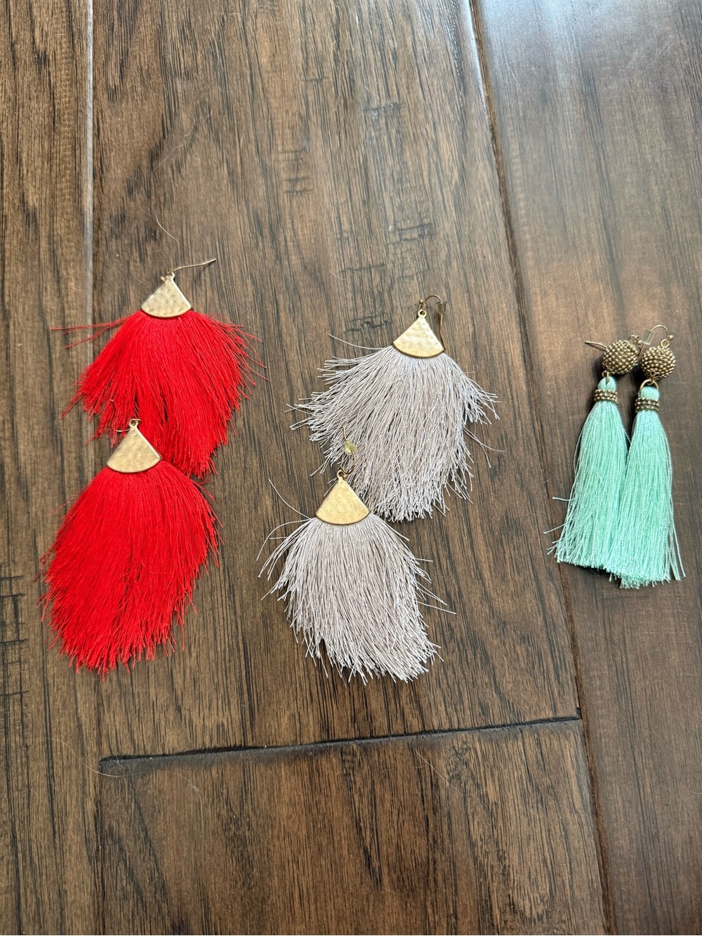 Tassel Fringe Statement Earrings - Red, Silver, Mint- 3 pair